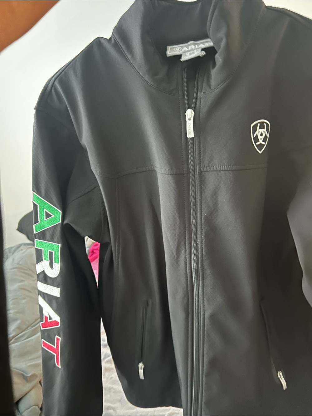 Ariat Black Softshell Jacket with Green & Red Logo Sleeve